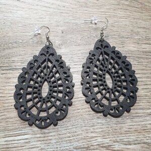 Black Laser Cut Teardrop Earrings Lightweight Filigree Hooks Women Boho Beach